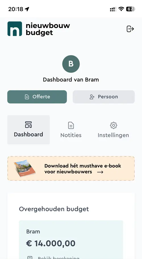 Screenshot van het dashboard van Nieuwbouwbudget op mobiel